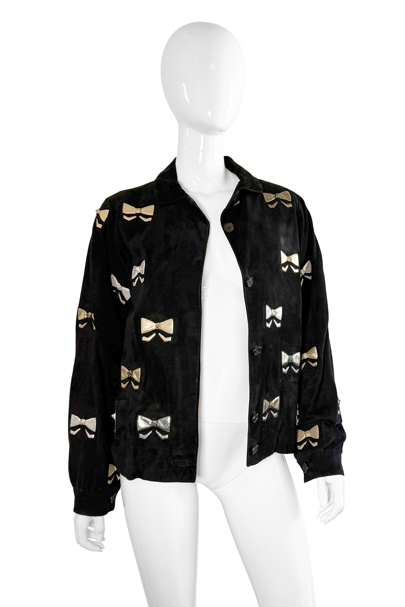 Vintage Andrea Pfister Suede Bow Jacket open front on mannequin @recess la