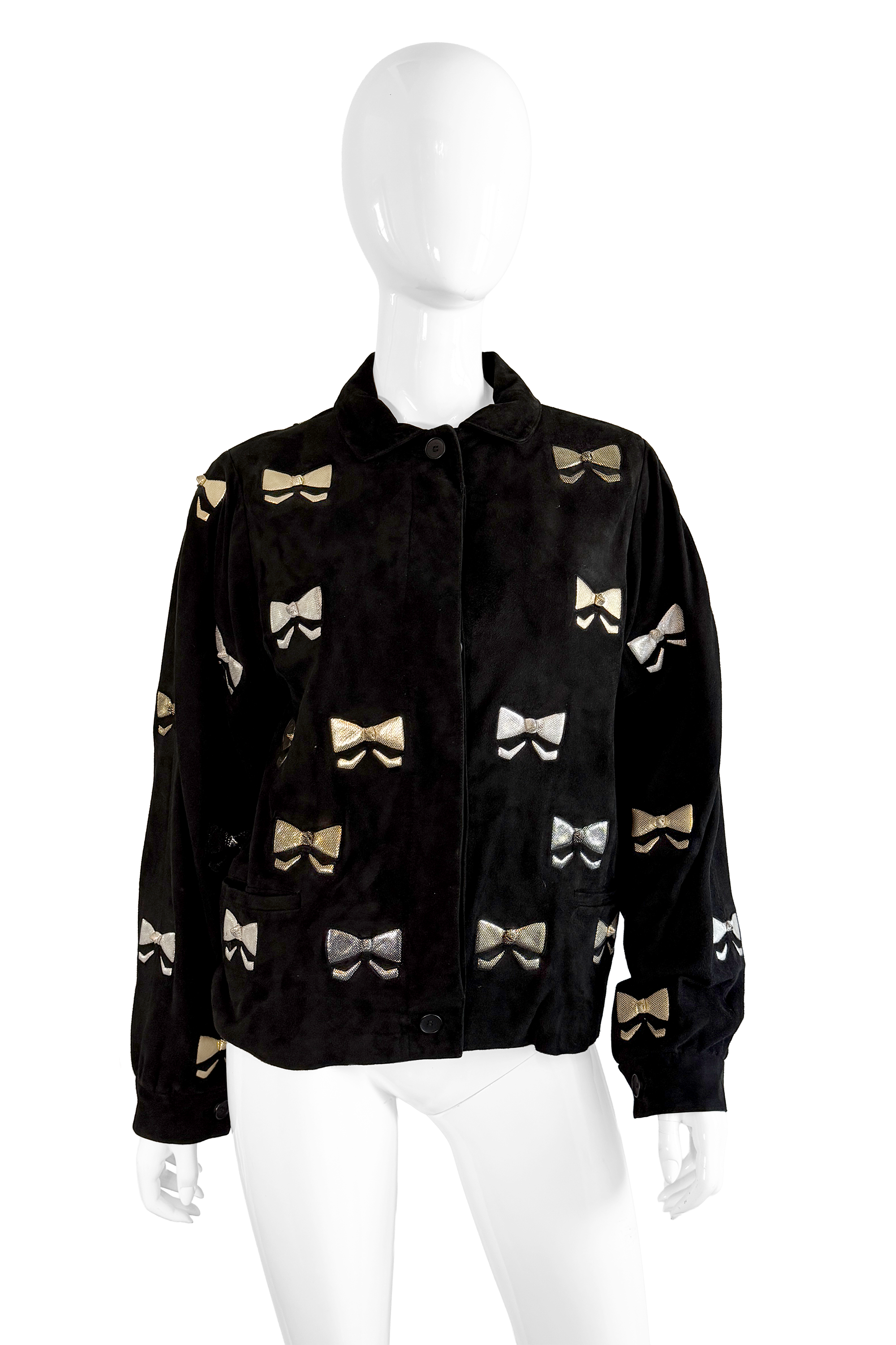 Vintage Andrea Pfister Suede Bow Jacket front on mannequin @recess la
