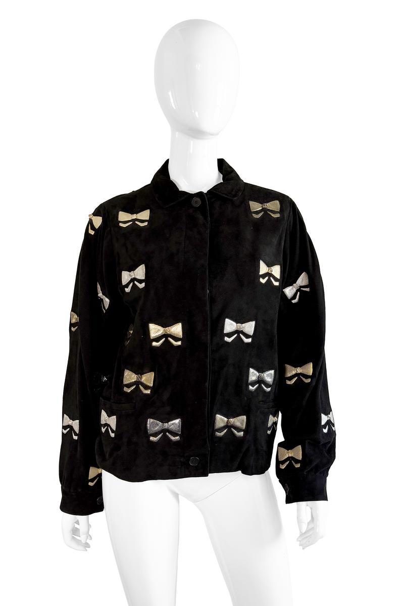 Vintage Andrea Pfister Suede Bow Jacket front on mannequin @recess la