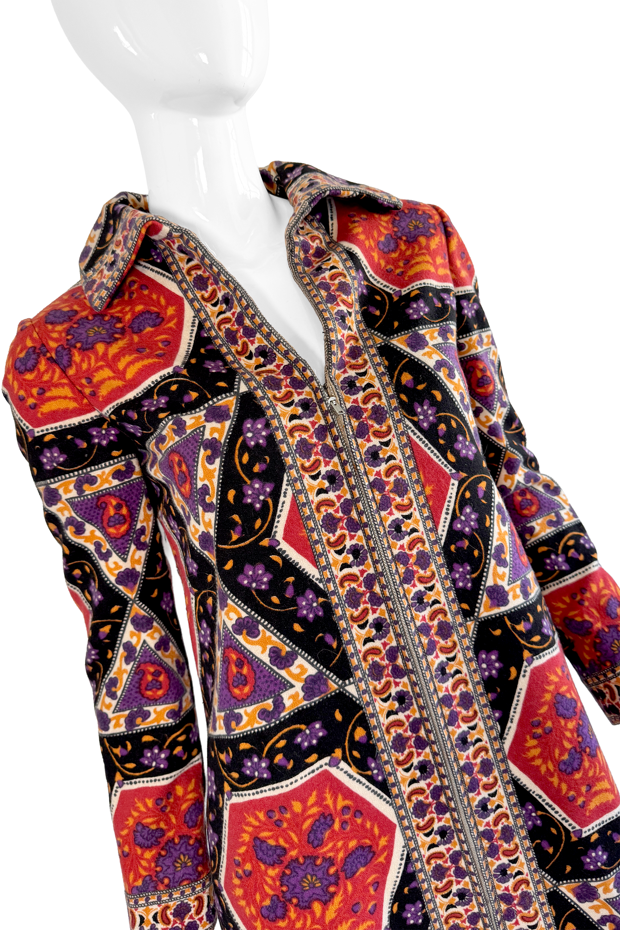 Vintage Malcolm Starr Ethnic Zip-Up Coat front on mannequin detail @recess la