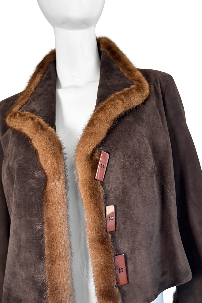 Valentino Mink Trim Suede Jacket front detail on mannequin @recess la