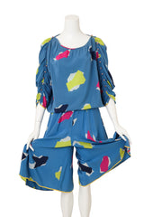 Vintage Chloe Abstract Geometric Culottes & Blouse Set on mannequin holding legs @ Recess LA