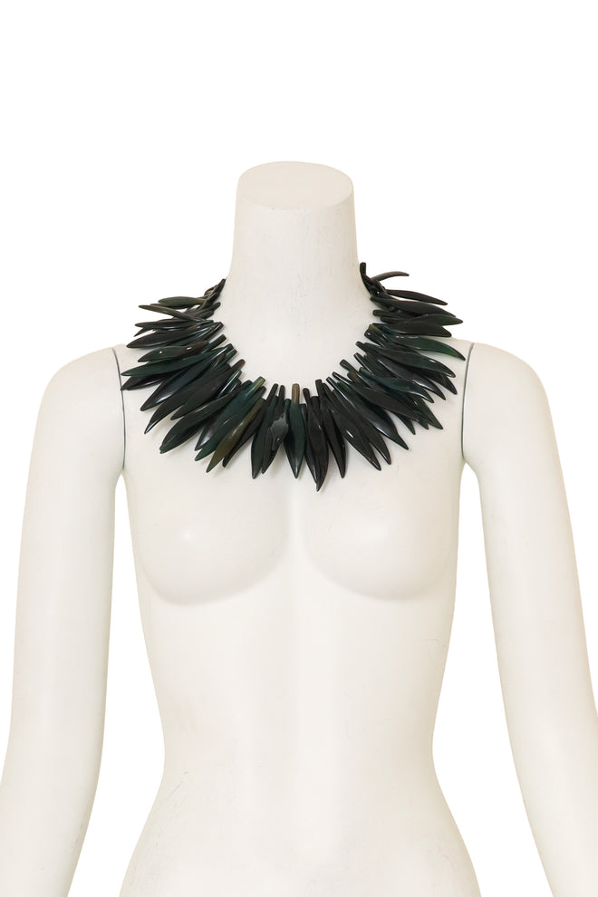 Green Resin Leaf Spike Collar by Monies on mannequin @ Recess LA
