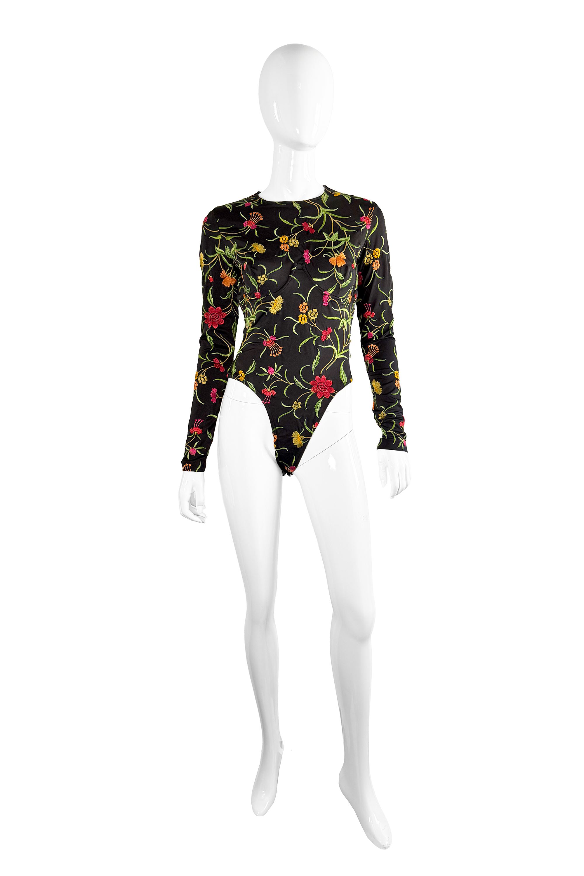 Vintage Norma Kamali Floral Embroidered Bodysuit front on mannequin @recess la