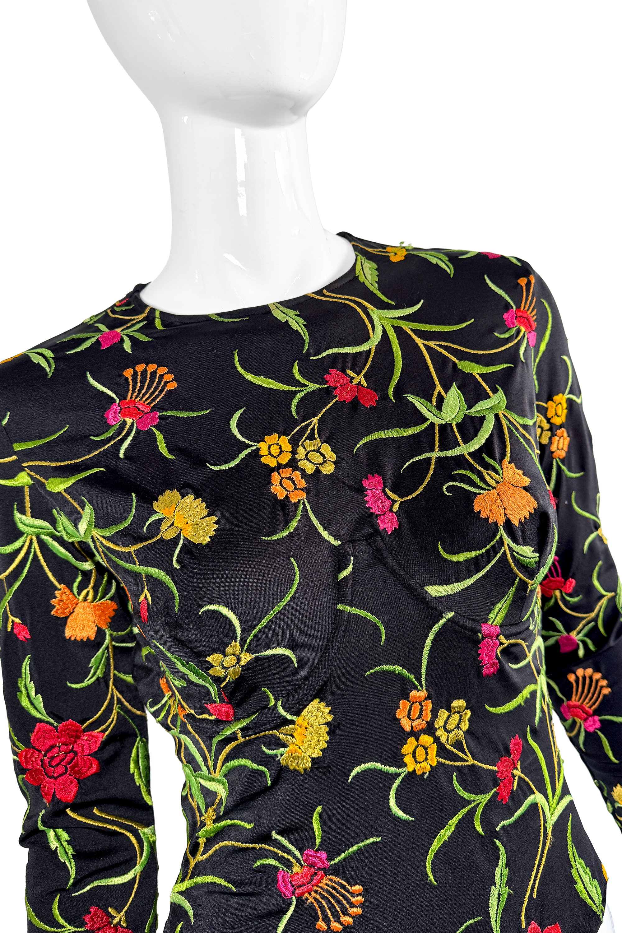 Vintage Norma Kamali Floral Embroidered Bodysuit front detail on mannequin @recess la