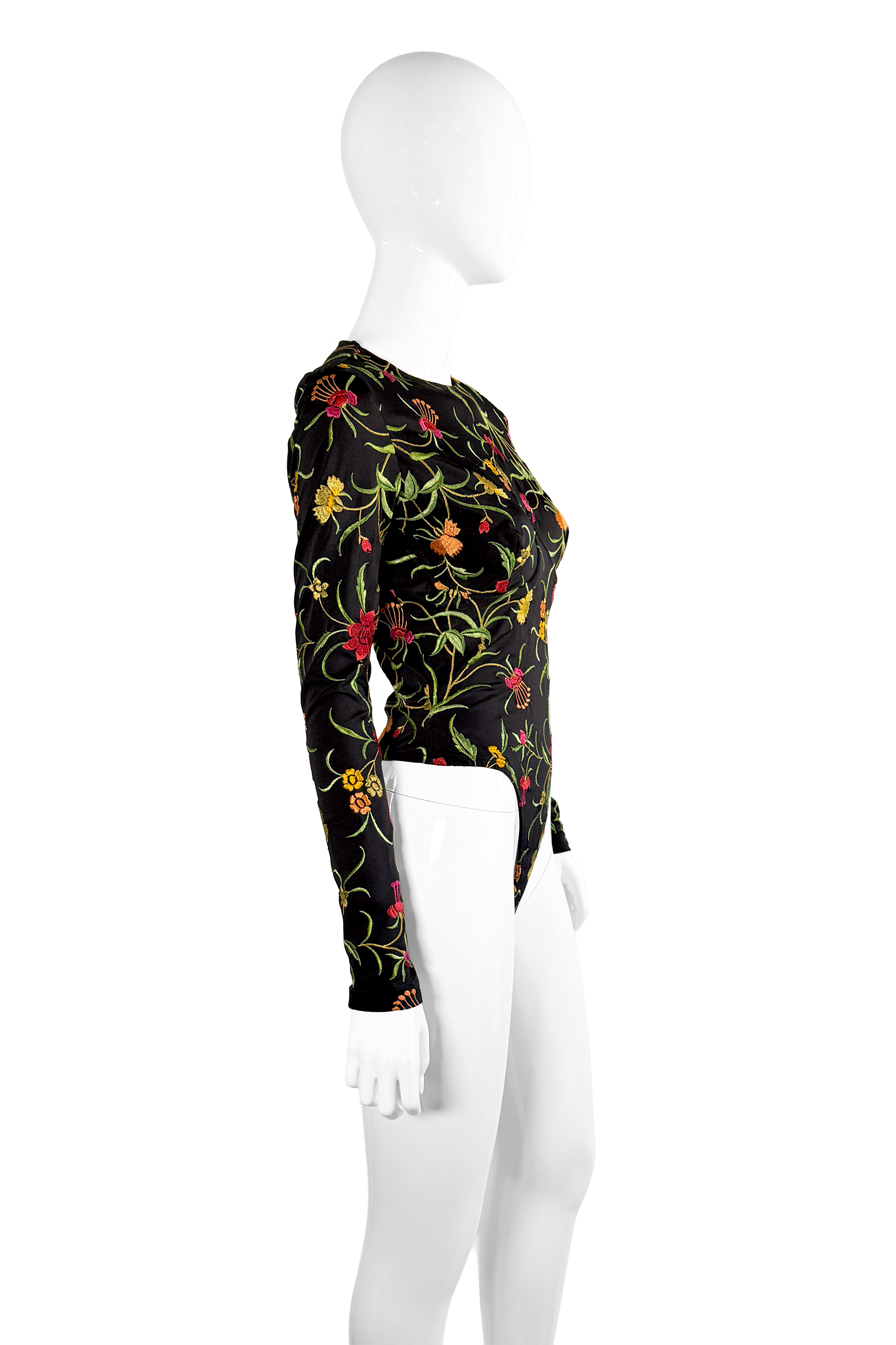 Vintage Norma Kamali Floral Embroidered Bodysuit side on mannequin @recess la