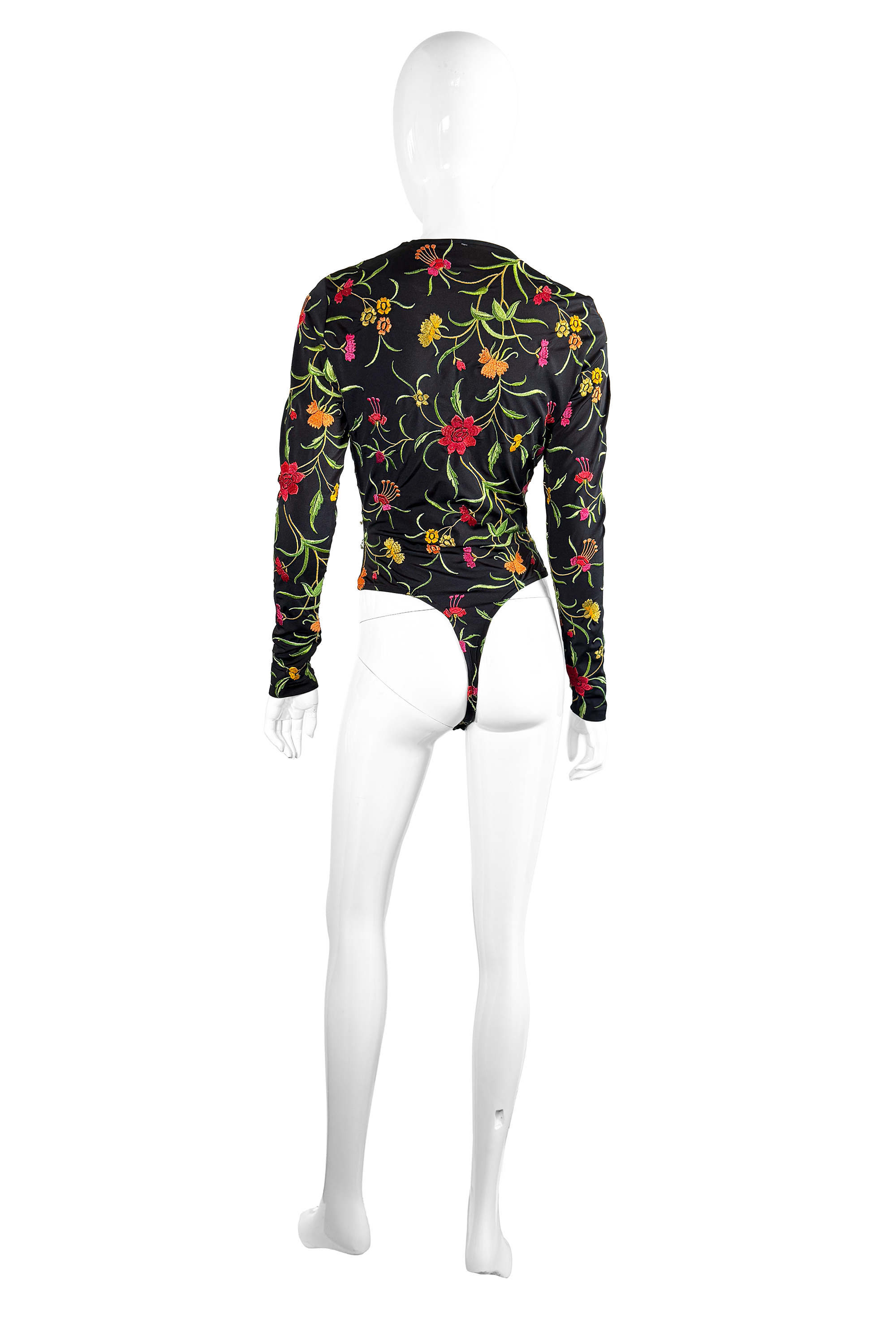 Vintage Norma Kamali Floral Embroidered Bodysuit back on mannequin @recess la