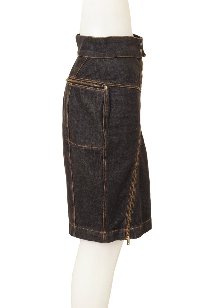 Vintage Alaia Asymmetrical Zip Denim Skirt on mannequin side @ Recess LA