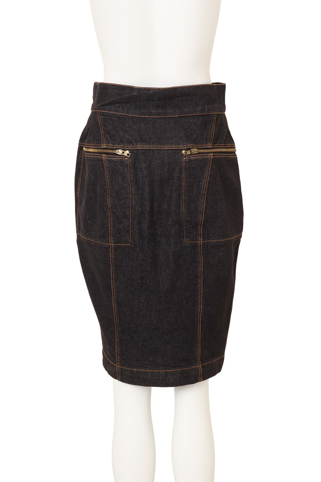 Vintage Alaia Asymmetrical Zip Denim Skirt on mannequin back @ Recess LA