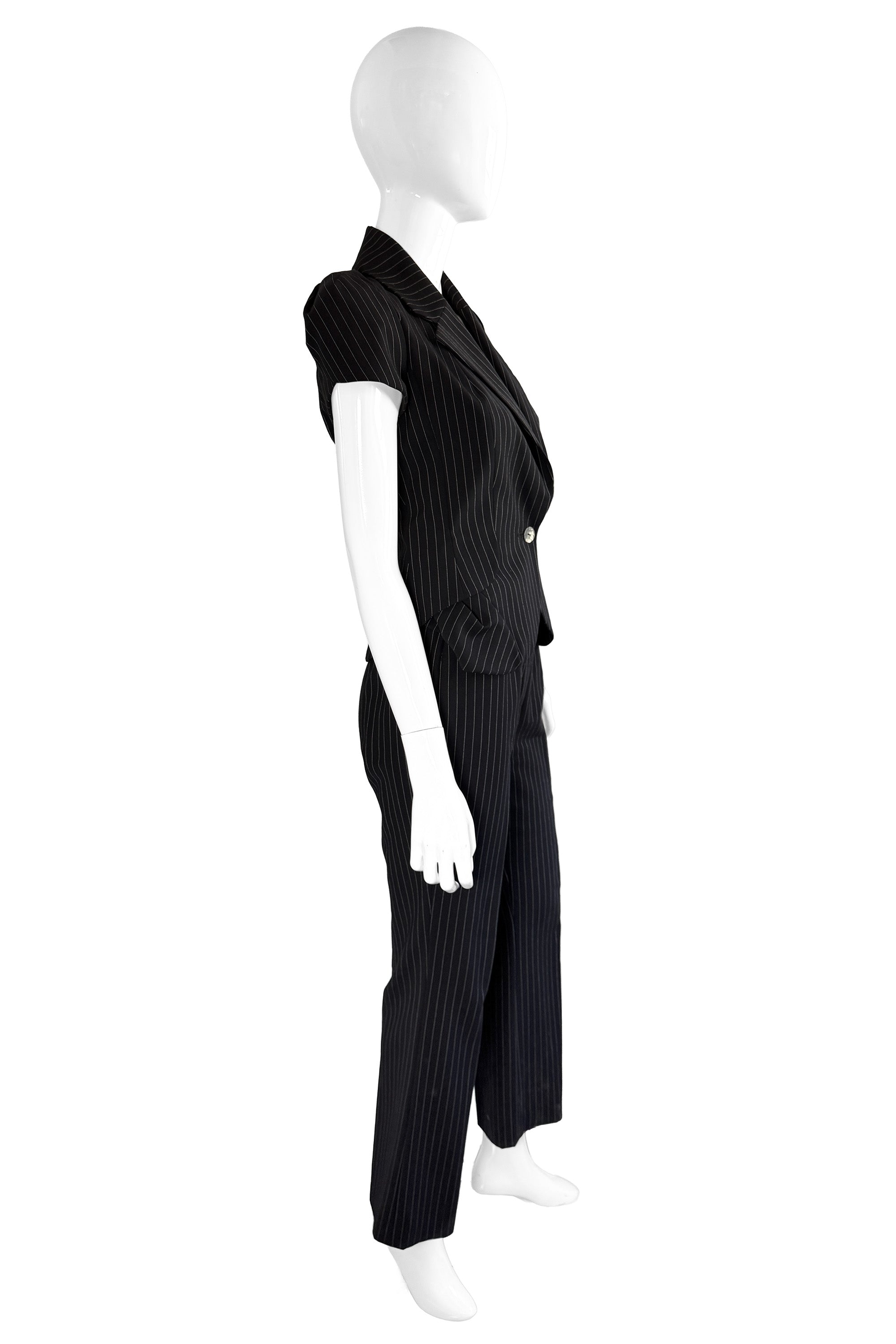 Vintage John Galliano Pinstripe Top & Pant Suit side on mannequin @recess la