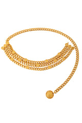 Chunky gold triple-strand draped logo chain belt by St. John @ Recess LA