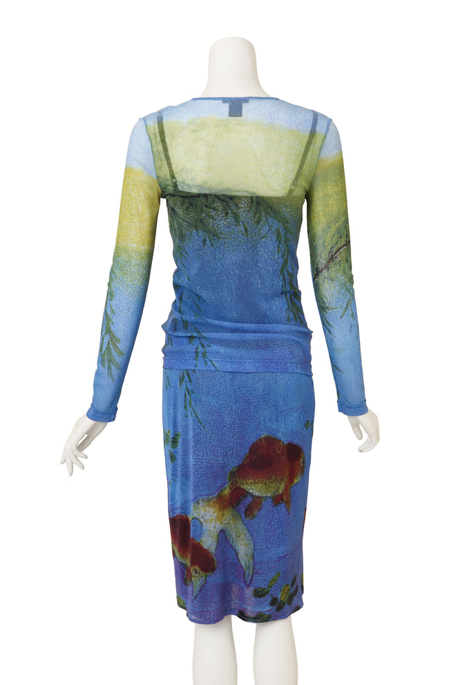 Vintage Vivienne Tam Gold Fish Mesh Top & Skirt Set back @ Recess LA