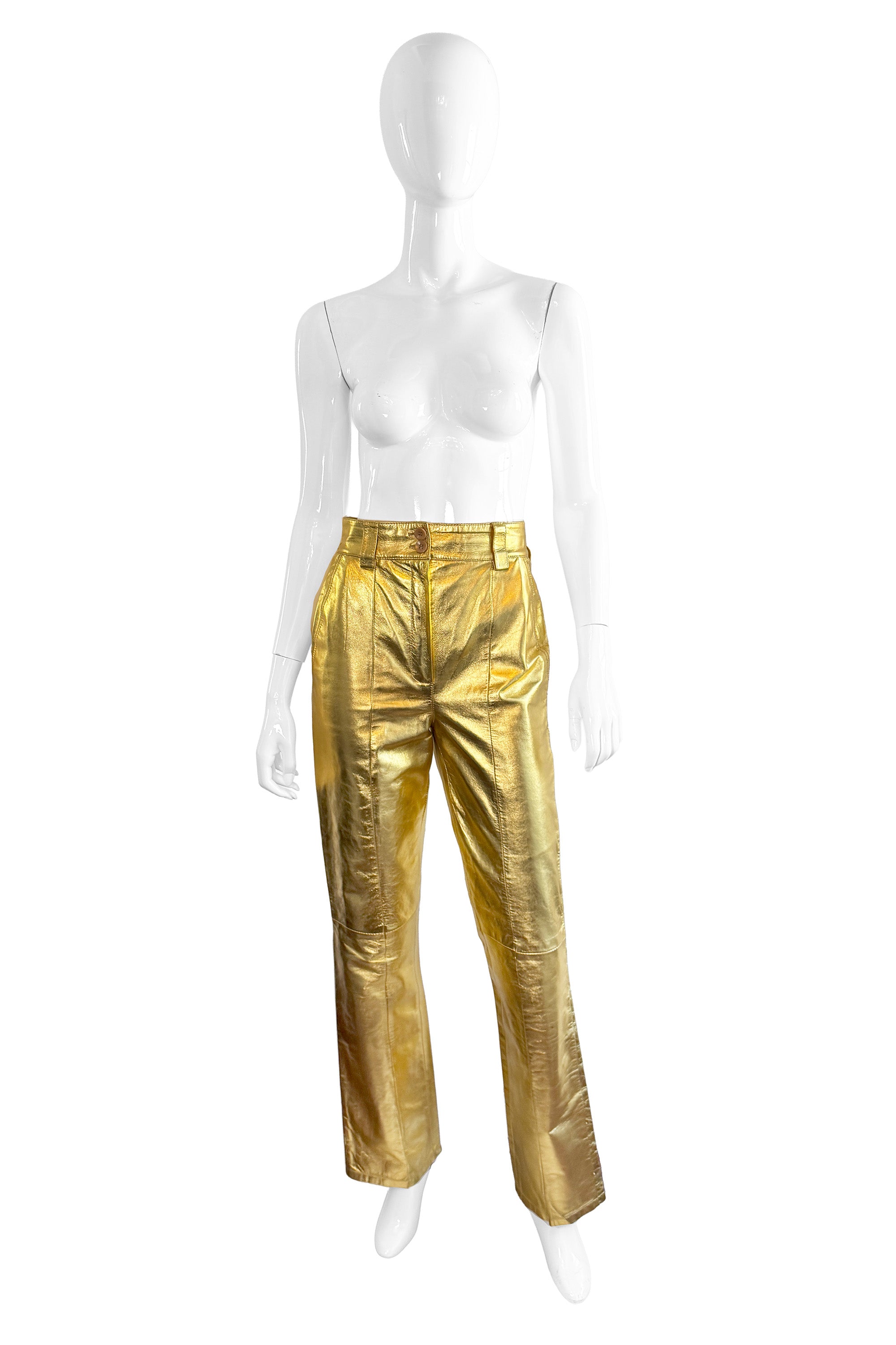 Vintage Andrea Pfister Gold Leather Pants front on mannequin @recess la