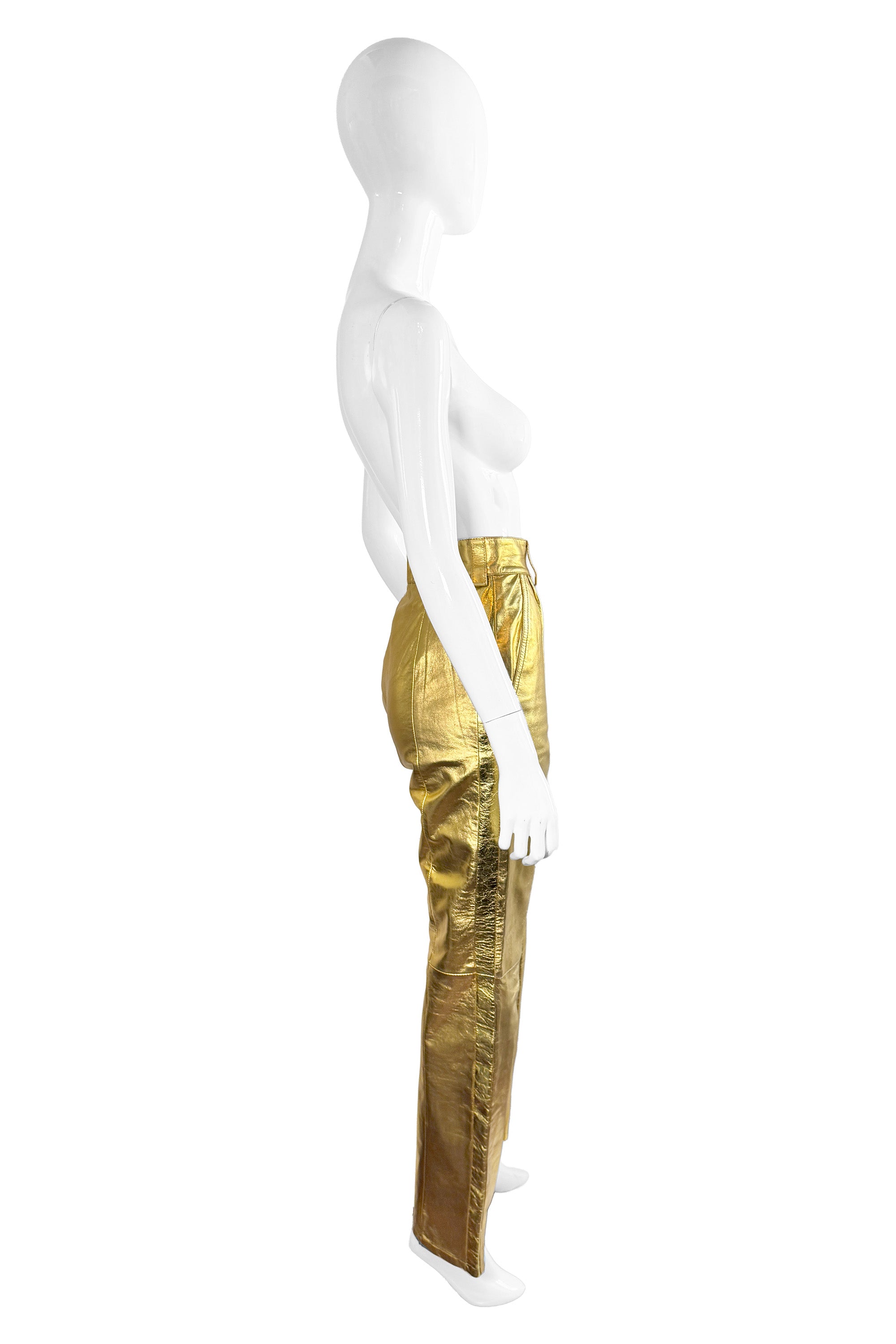 Vintage Andrea Pfister Gold Leather Pants side on mannequin @recess la