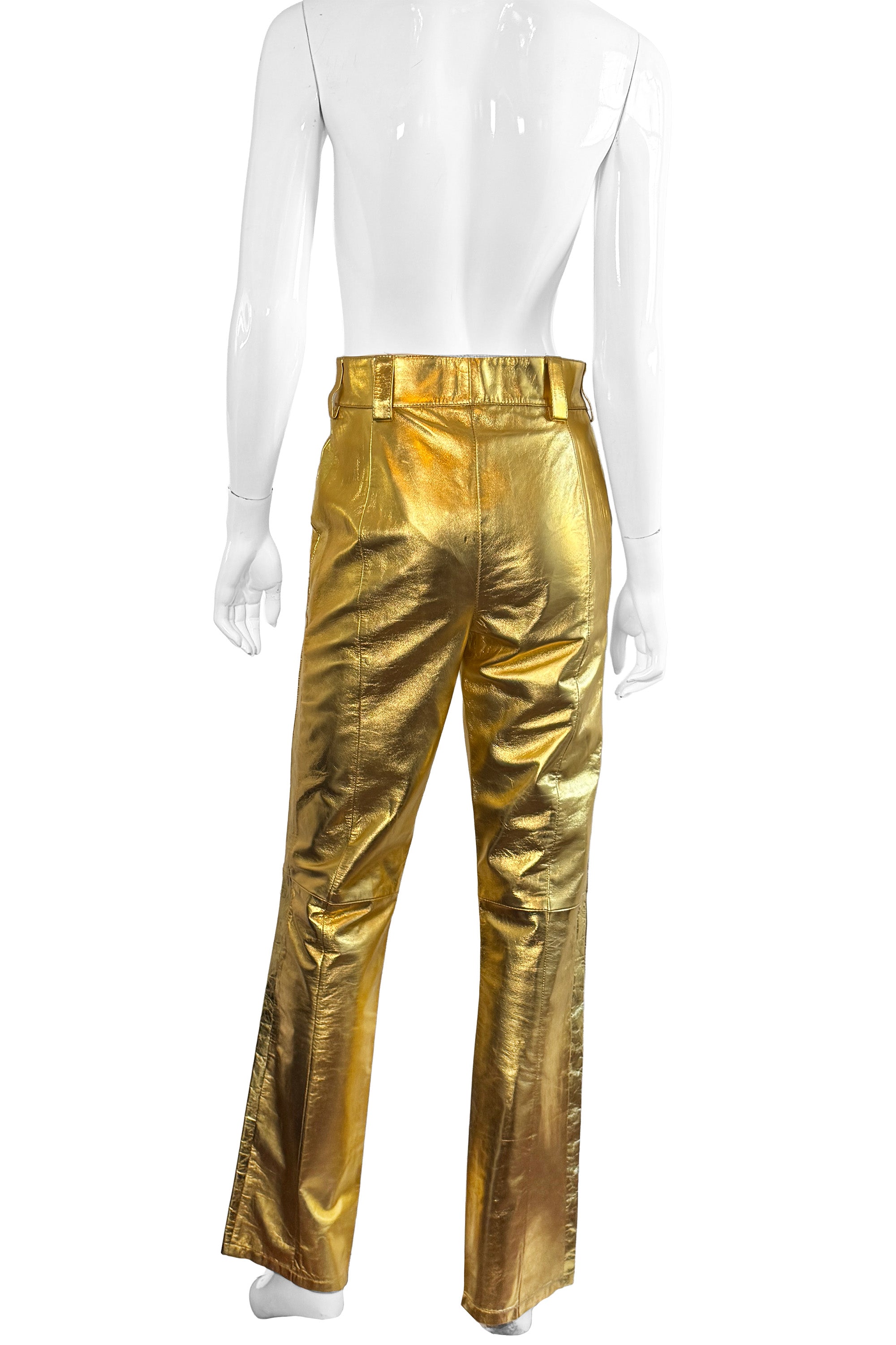 Vintage Andrea Pfister Gold Leather Pants back on mannequin @recess la