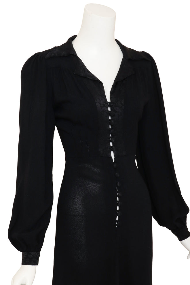 Vintage Ossie Clark Jacquard Collar Crepe Midi Dress on mannequin close @ Recess LA