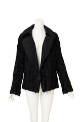 Vintage Yves Saint Laurent Suede Collar Persian Lamb Coat on mannequin open @ Recess LA