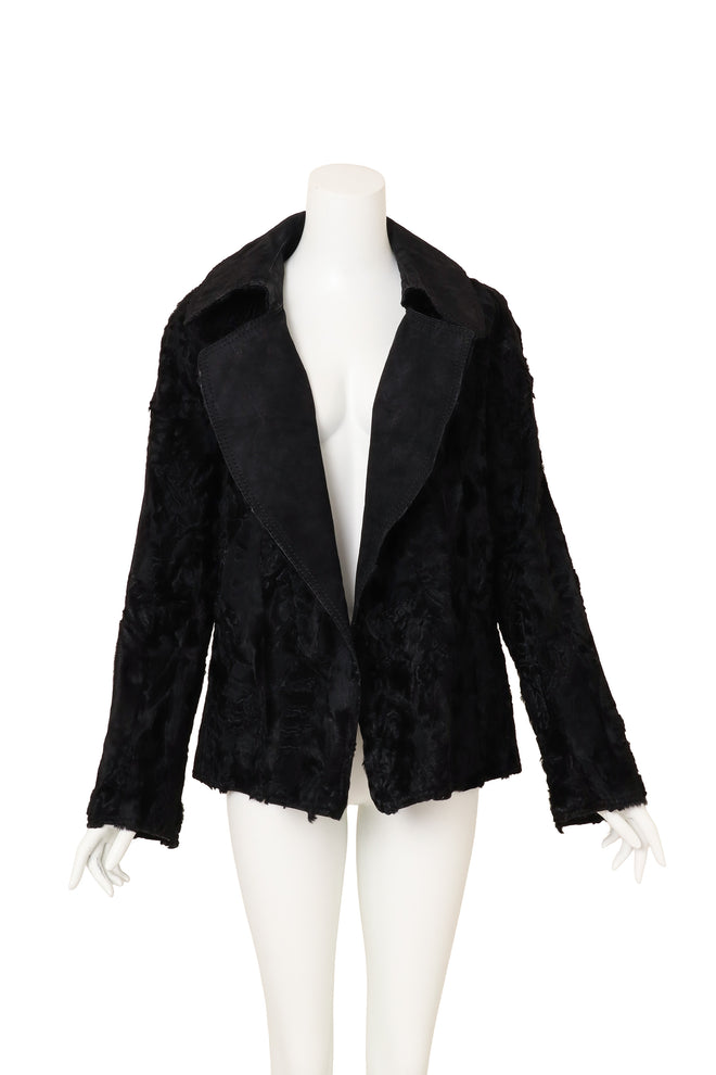 Vintage Yves Saint Laurent Suede Collar Persian Lamb Coat on mannequin open @ Recess LA