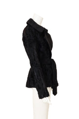 Vintage Yves Saint Laurent Suede Collar Persian Lamb Coat on mannequin side @ Recess LA