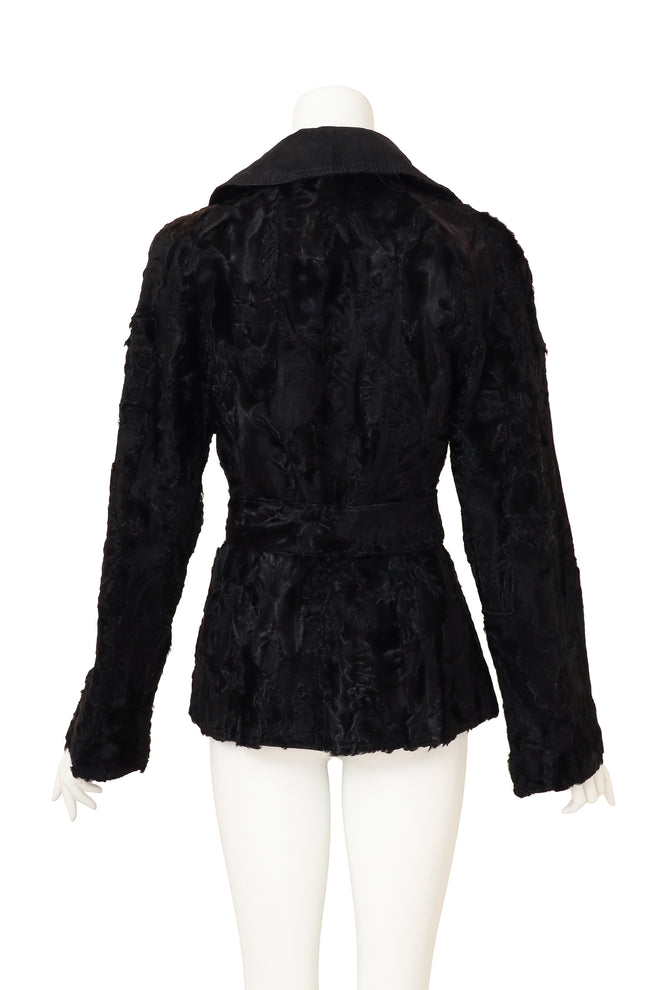 Vintage Yves Saint Laurent Suede Collar Persian Lamb Coat on mannequin back @ Recess LA