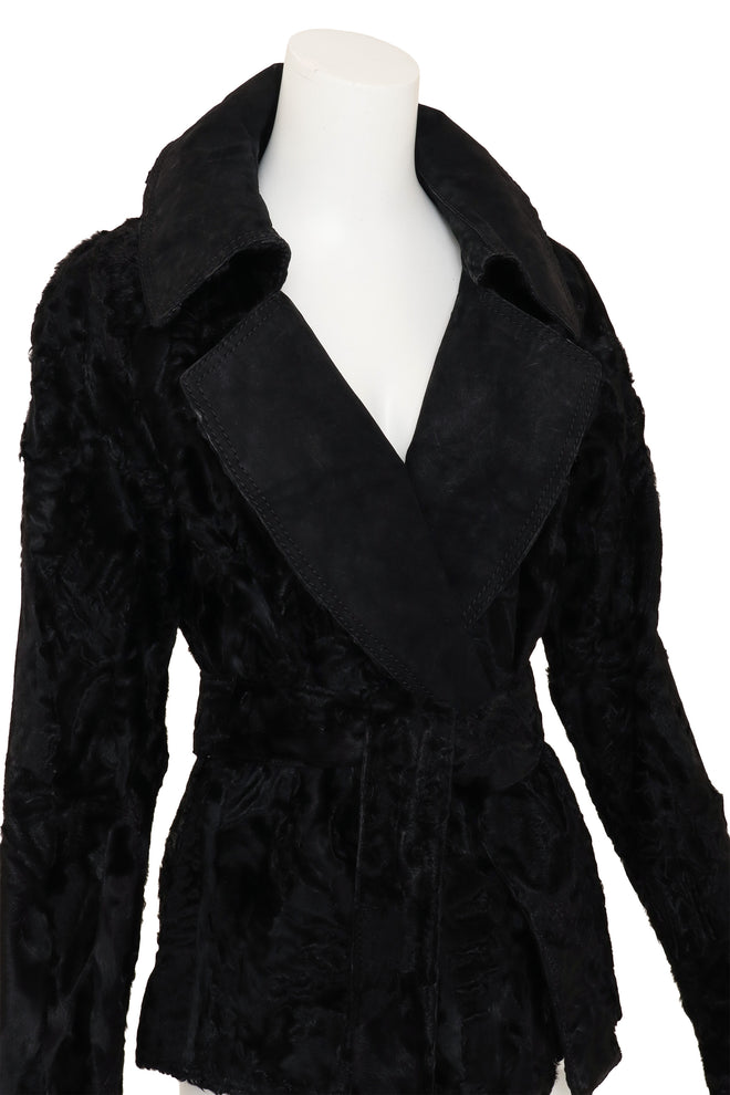 Vintage Yves Saint Laurent Suede Collar Persian Lamb Coat on mannequin close @ Recess LA