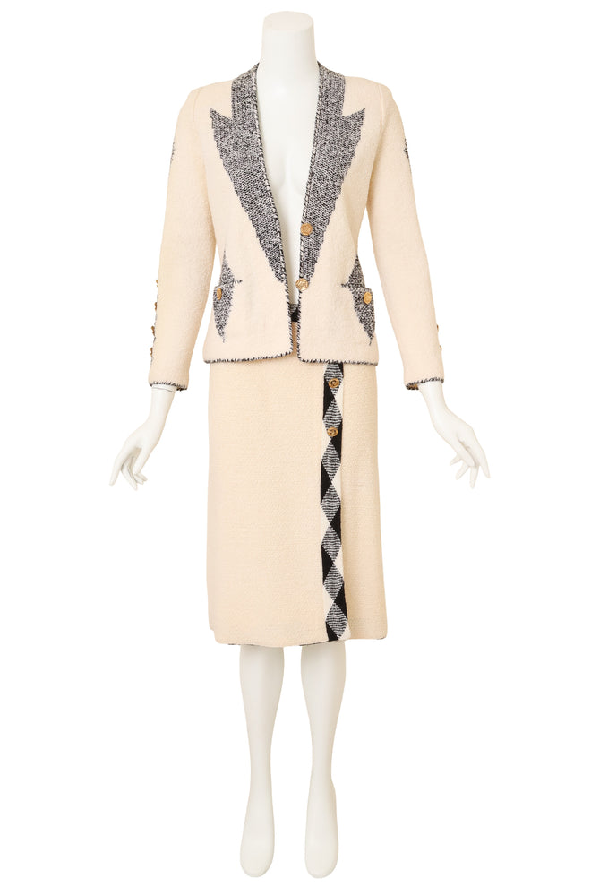 Vintage Adolfo Contrast Bouclé Jacket & Skirt Set on mannequin @ Recess LA