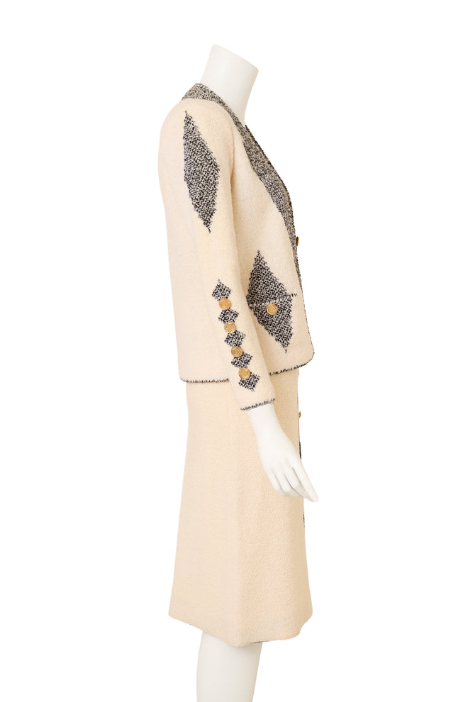 Vintage Adolfo Contrast Bouclé Jacket & Skirt Set on mannequin side @ Recess LA