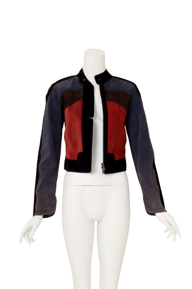 Colorblock Suede Moto Jacket by Yves Saint Laurent on mannequin open @ Recess LA