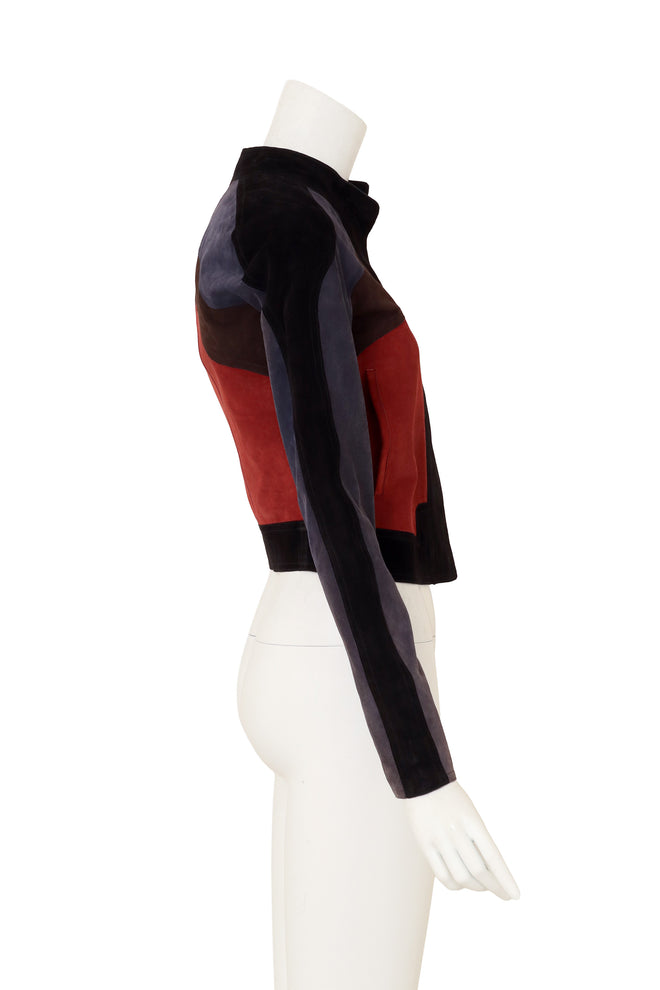 Colorblock Suede Moto Jacket by Yves Saint Laurent on mannequin side @ Recess LA
