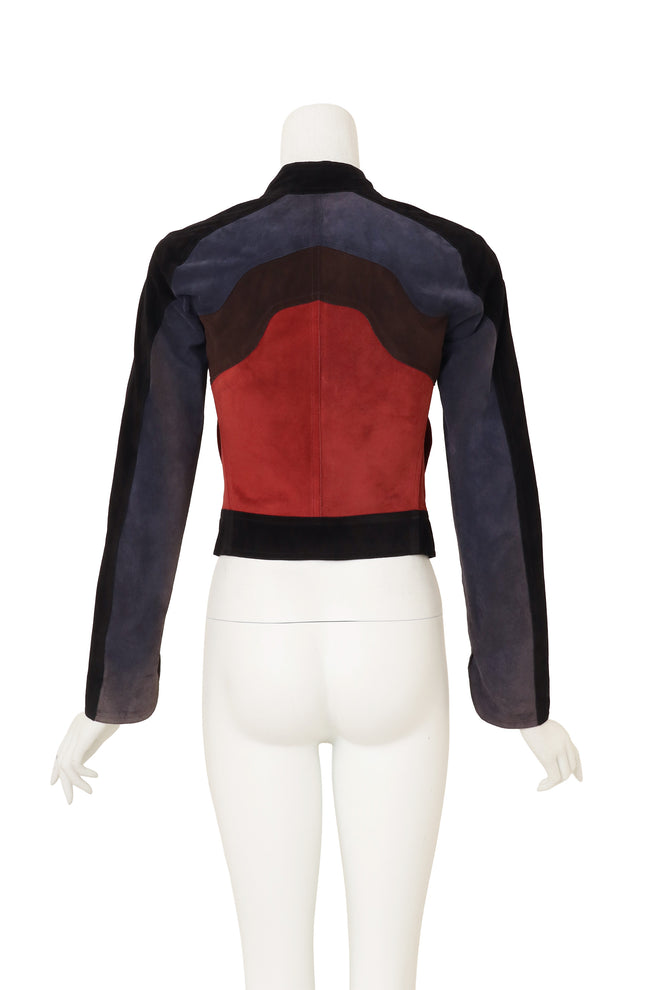 Colorblock Suede Moto Jacket by Yves Saint Laurent on mannequin back @ Recess LA