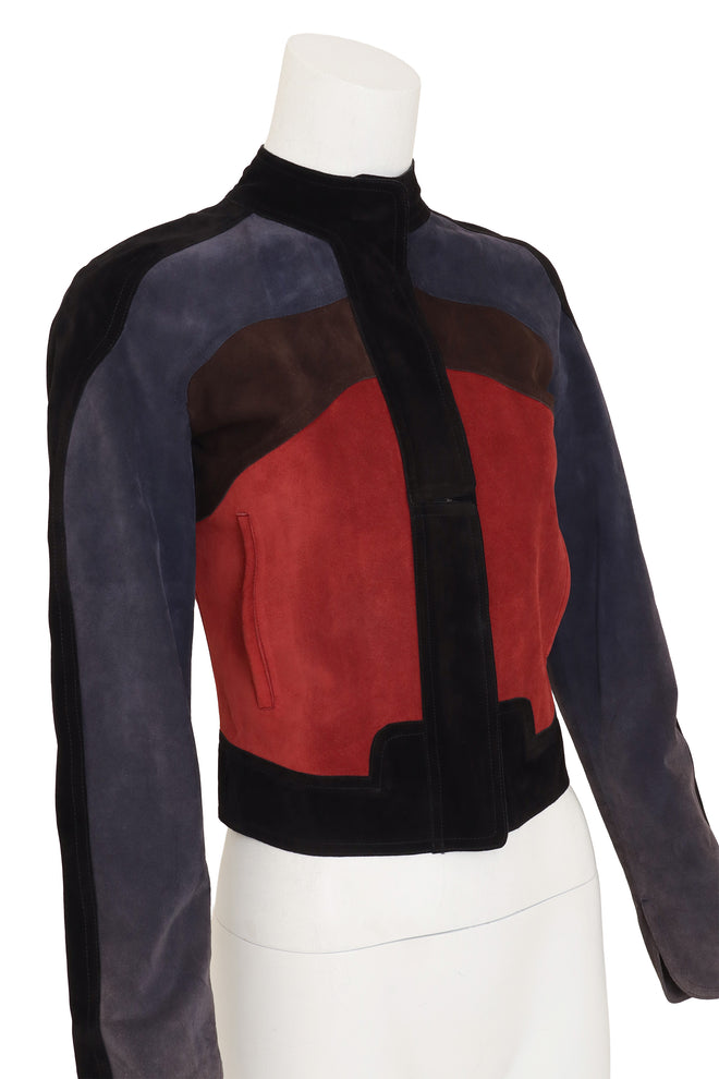 Colorblock Suede Moto Jacket by Yves Saint Laurent on mannequin close @ Recess LA
