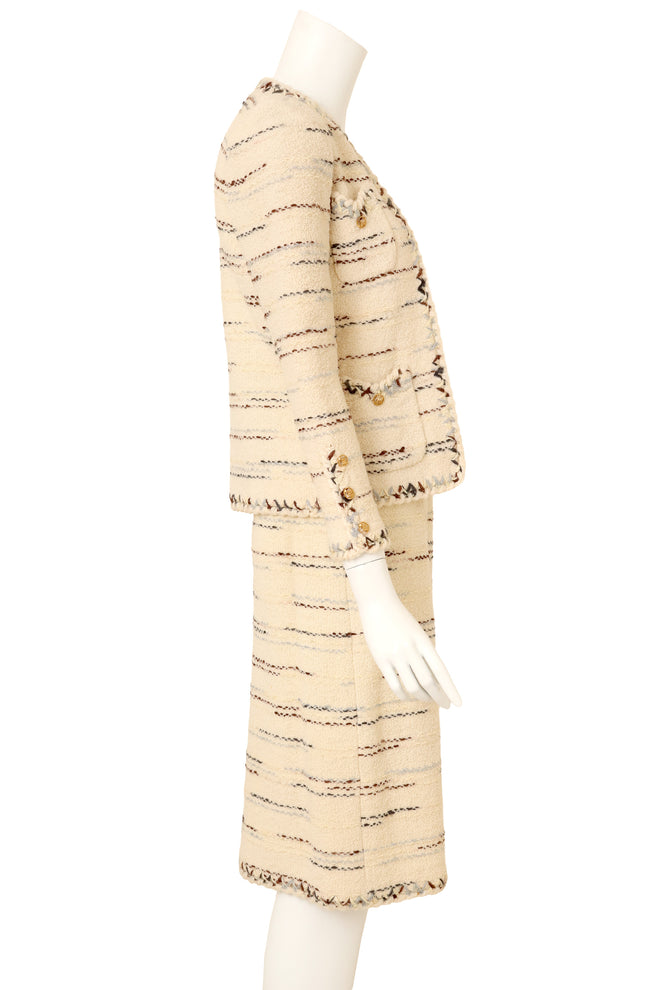 Vintage Adolfo Bouclé Stripe Jacket & Skirt Set on mannequin side @ Recess LA