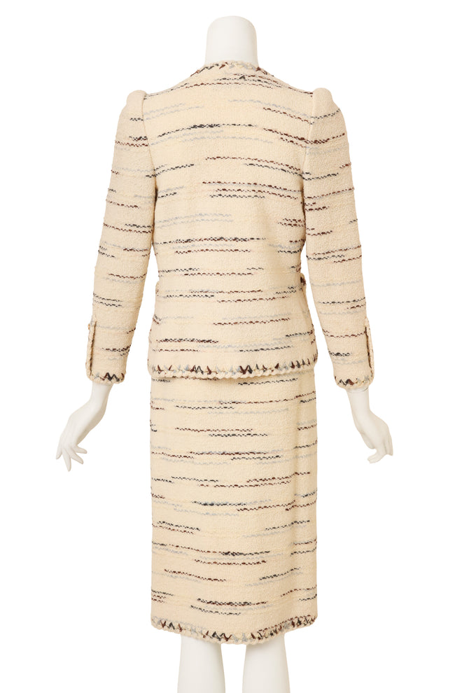 Vintage Adolfo Bouclé Stripe Jacket & Skirt Set on mannequin back @ Recess LA