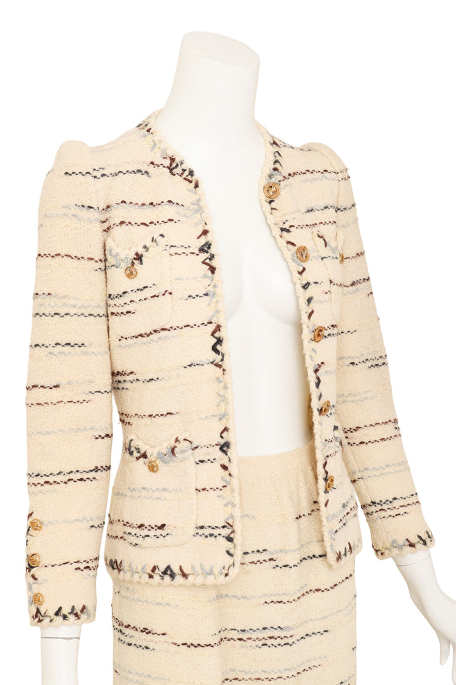 Vintage Adolfo Bouclé Stripe Jacket & Skirt Set on mannequin close @ Recess LA