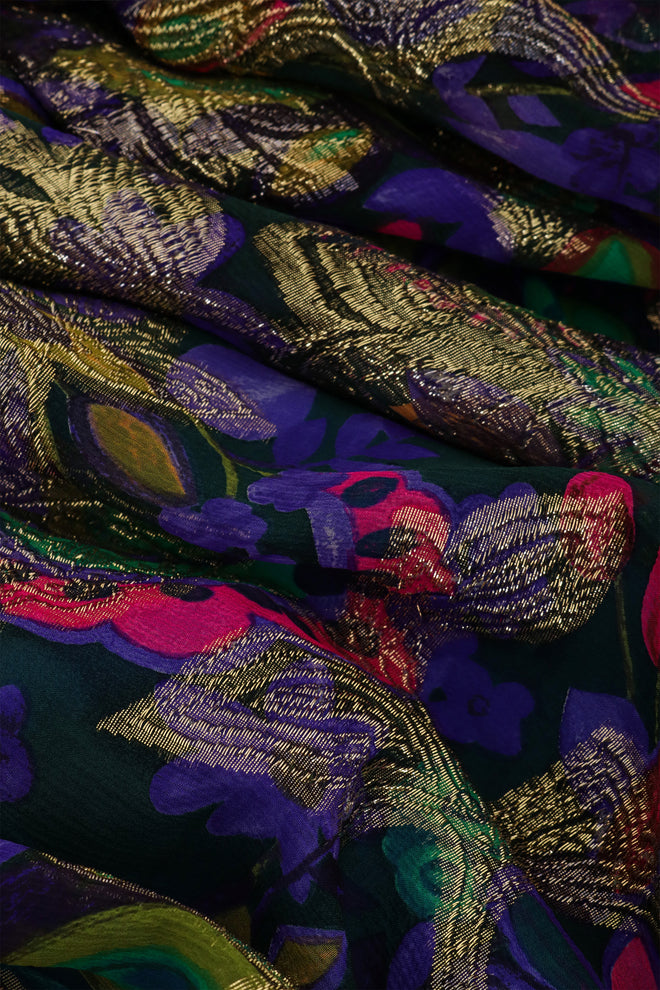 Floral Lamé Hostess Dress fabric close @ Recess LA