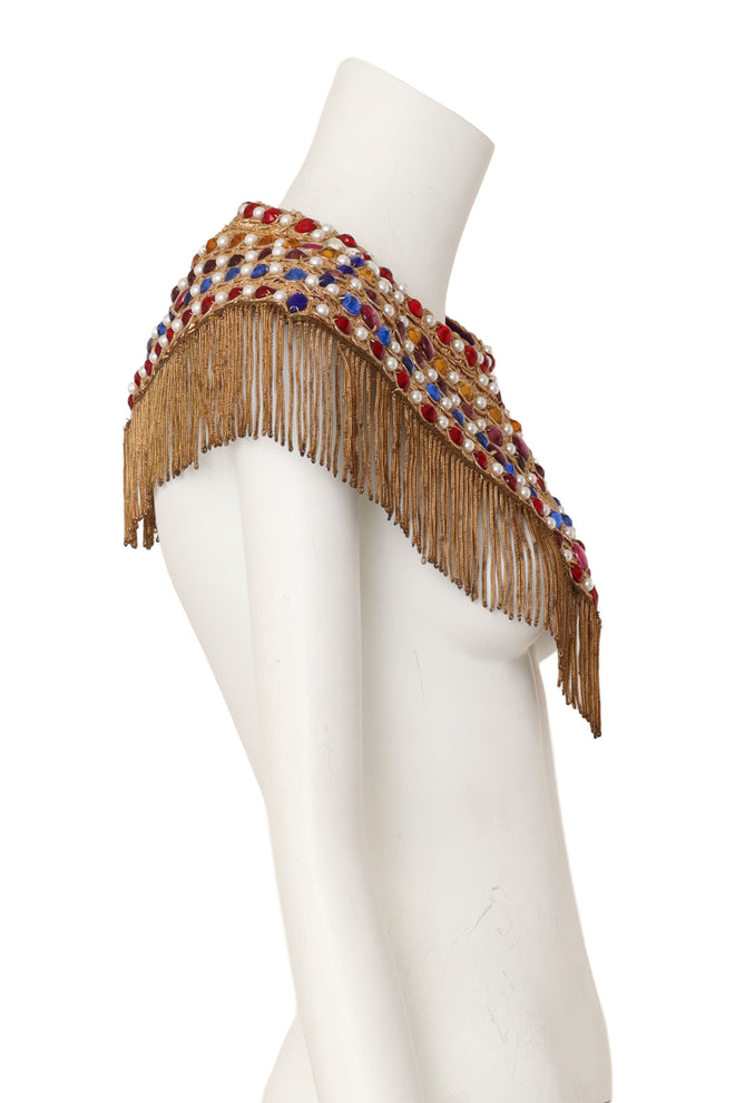 Embroidered jewel fringe capelet style collar side profile @ Recess LA