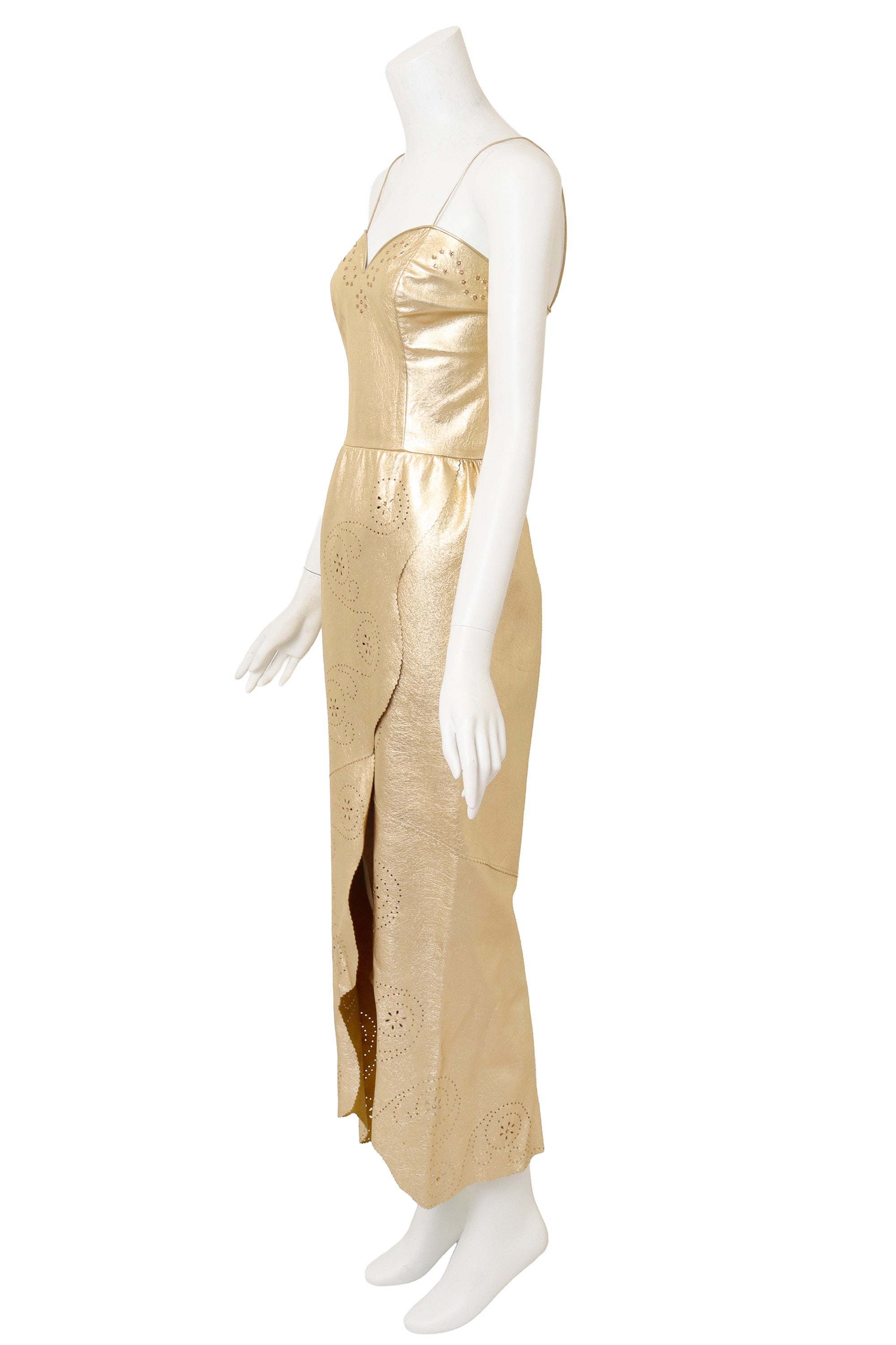 Metallic Leather Cutwork Dress by Mandana on mannequin side @ Recess LA