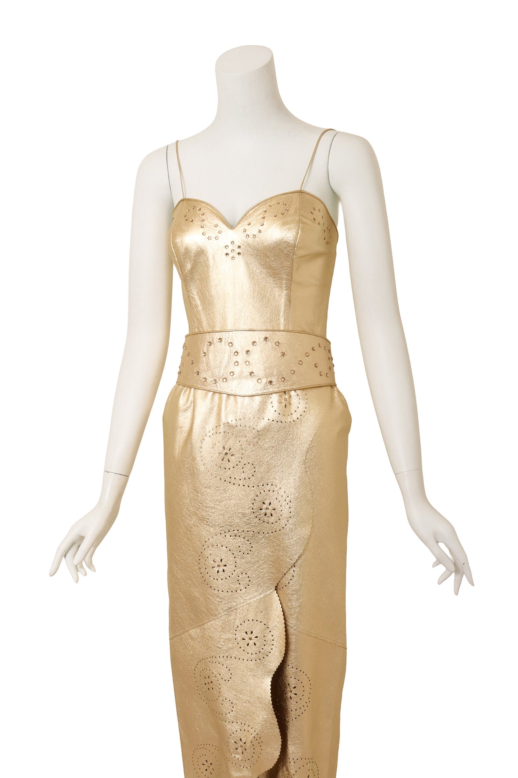 Metallic Leather Cutwork Dress by Mandana on mannequin with belt @ Recess LA