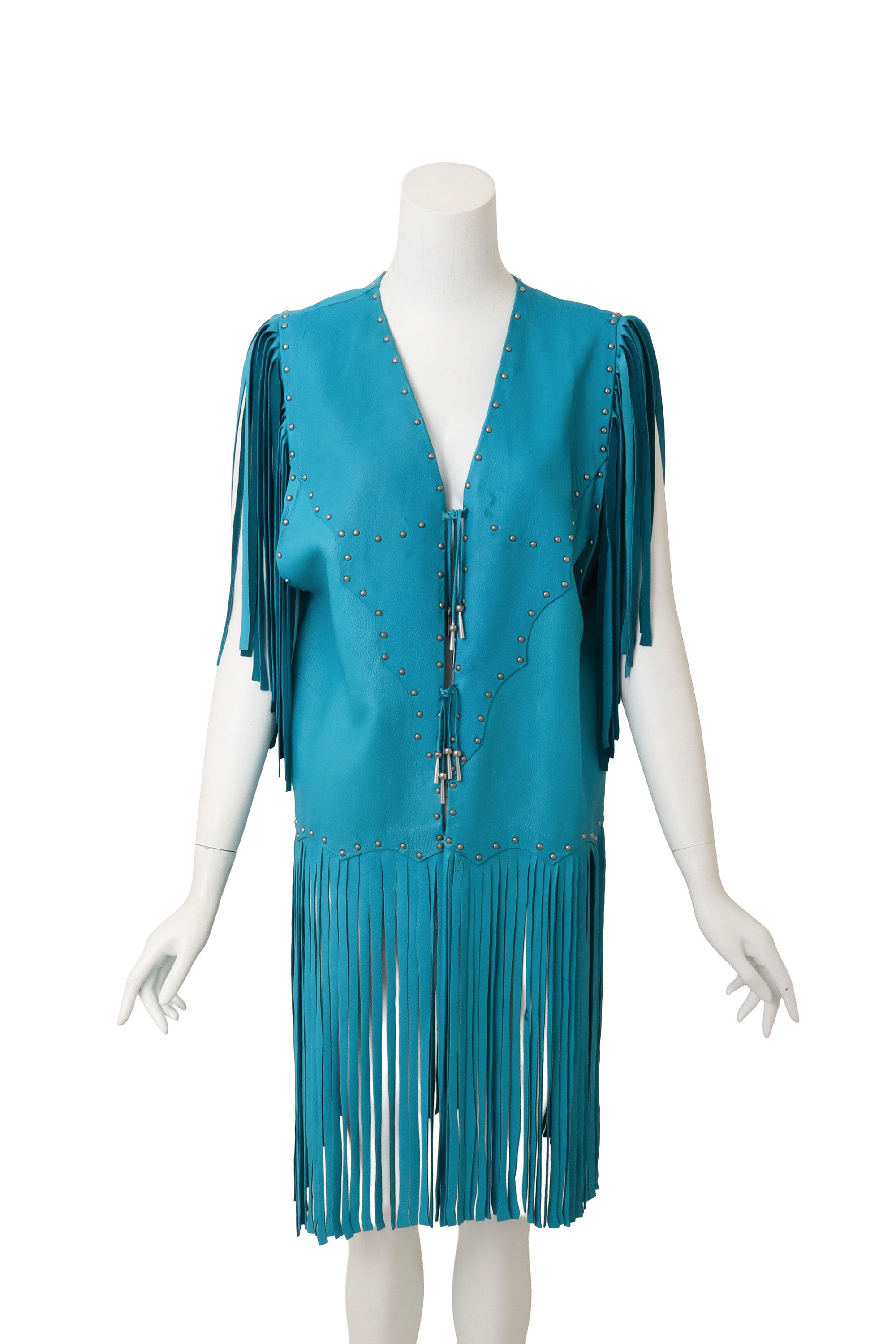 Long Fringed Vest Jacket by Blanco on mannequin tied @ Recess LA