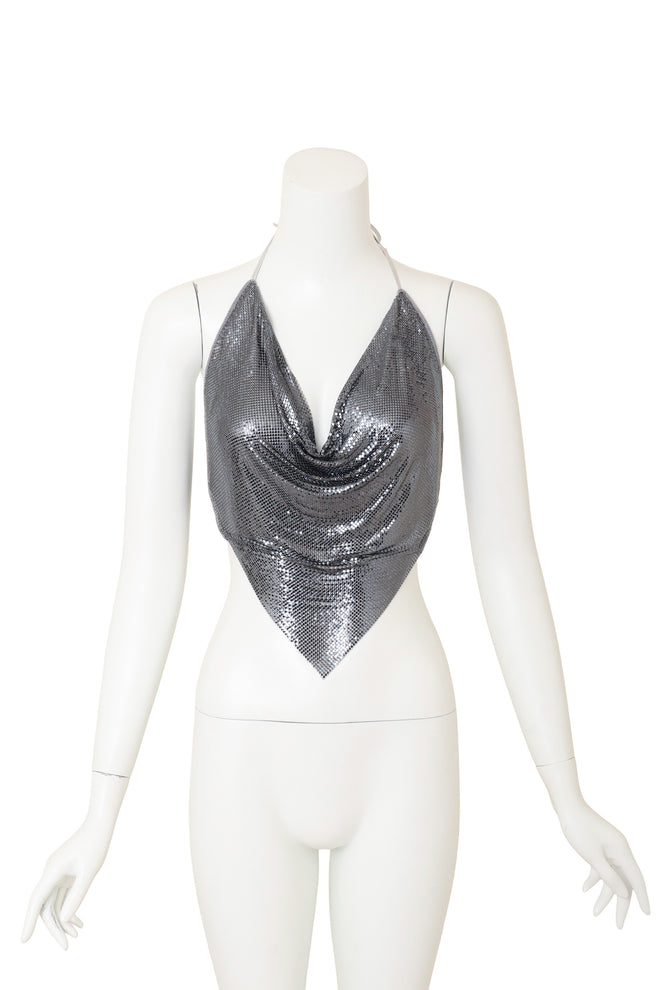 Vintage Ferrara Pewter Mesh Halter Top on mannequin @ Recess LA