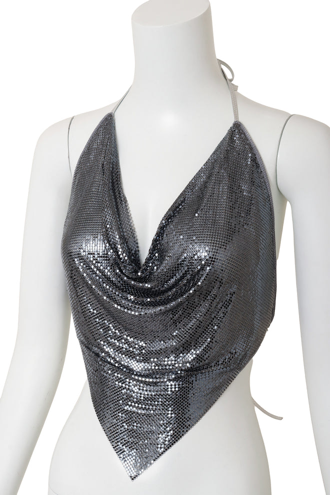 Vintage Ferrara Pewter Mesh Halter Top on mannequin close @ Recess LA