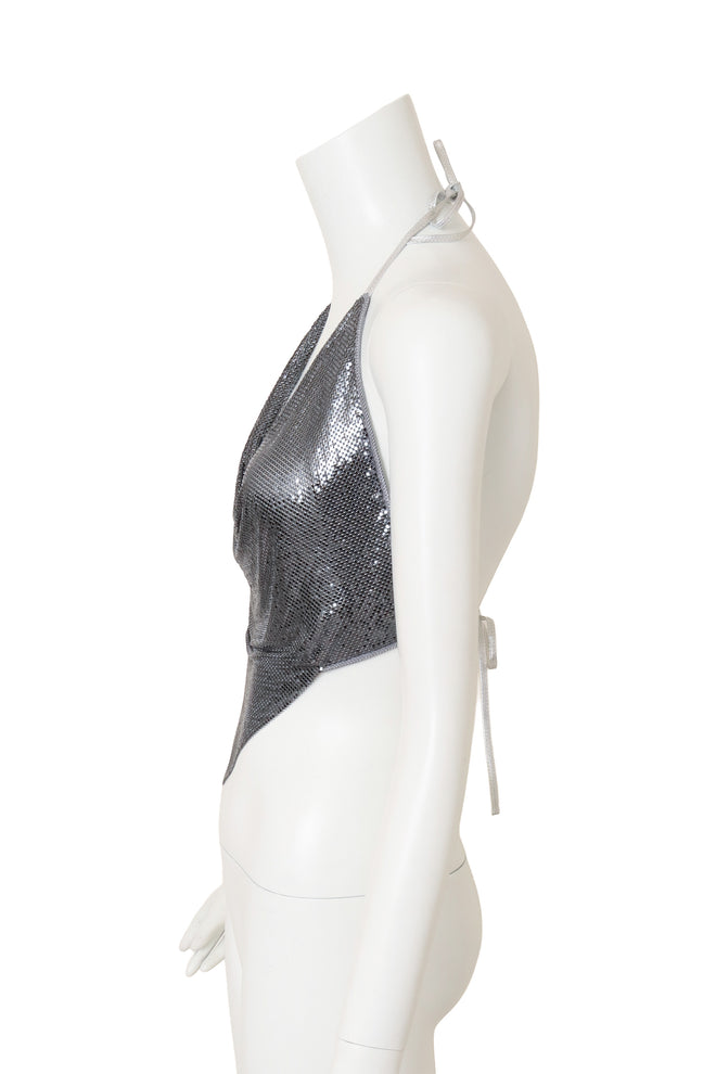 Vintage Ferrara Pewter Mesh Halter Top on mannequin side @ Recess LA