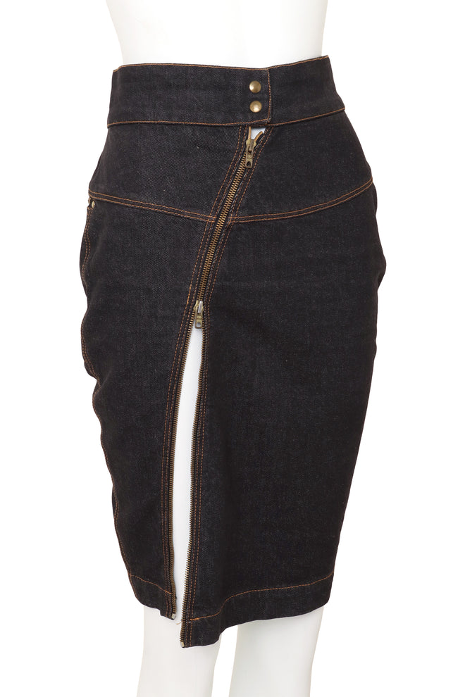 Vintage Alaia Asymmetrical Zip Denim Skirt on mannequin close @ Recess LA