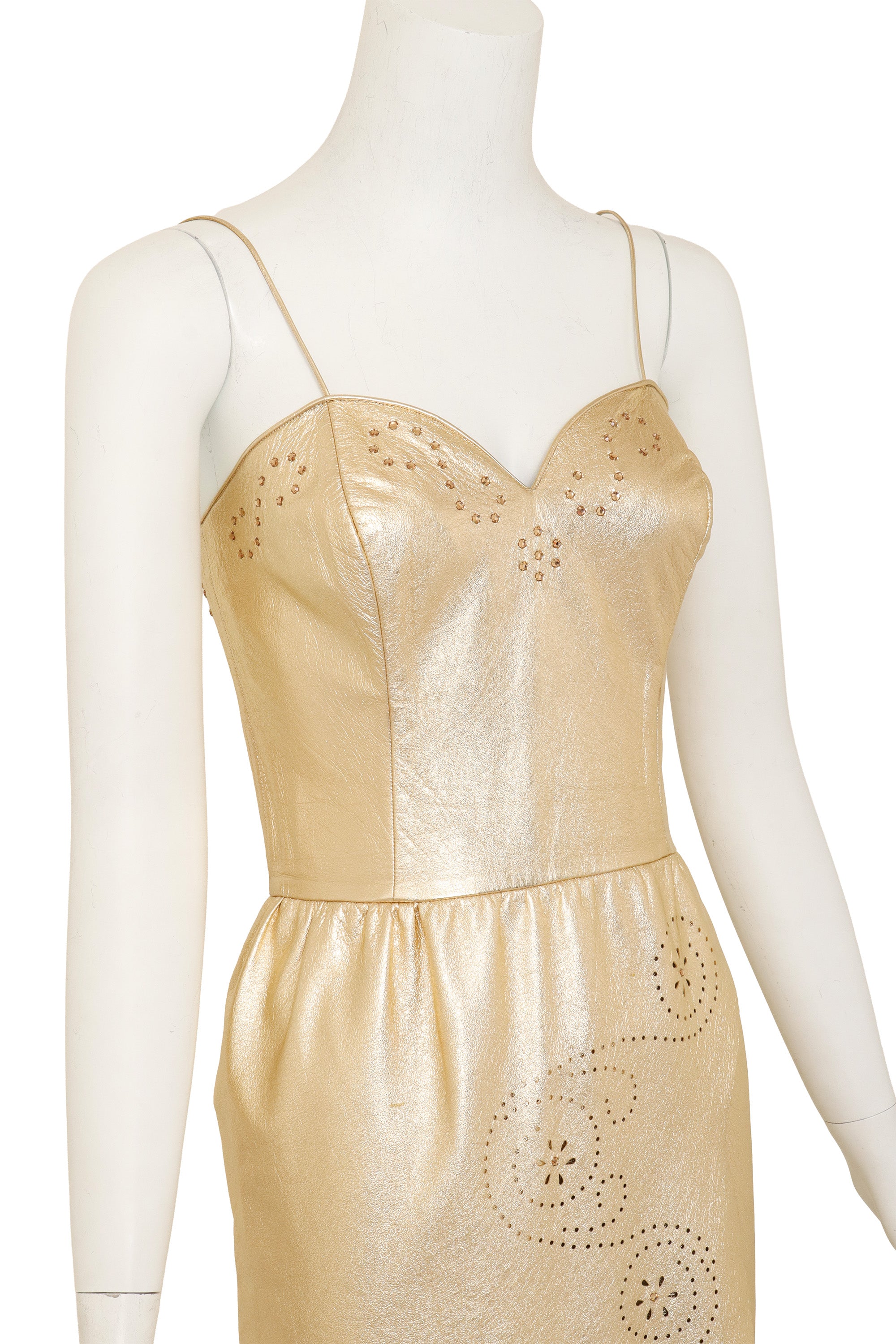 Metallic Leather Cutwork Dress by Mandana on mannequin close @ Recess LA