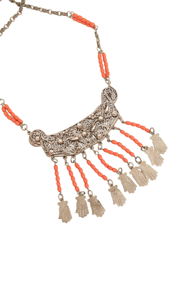 Hamsa Bead Fringe Plate Necklace close @ Recess LA