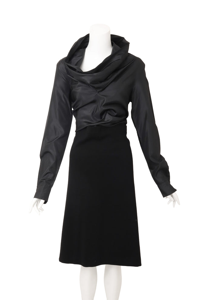 Vintage Romeo Gigli Wool Cowl Neck Funnel Dress on mannequin styled up as empire waist @ Recess LA 