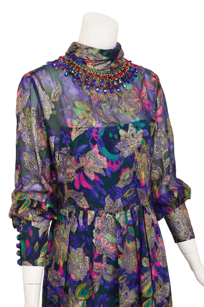 Floral Lamé Hostess Dress on mannequin close @ Recess LA