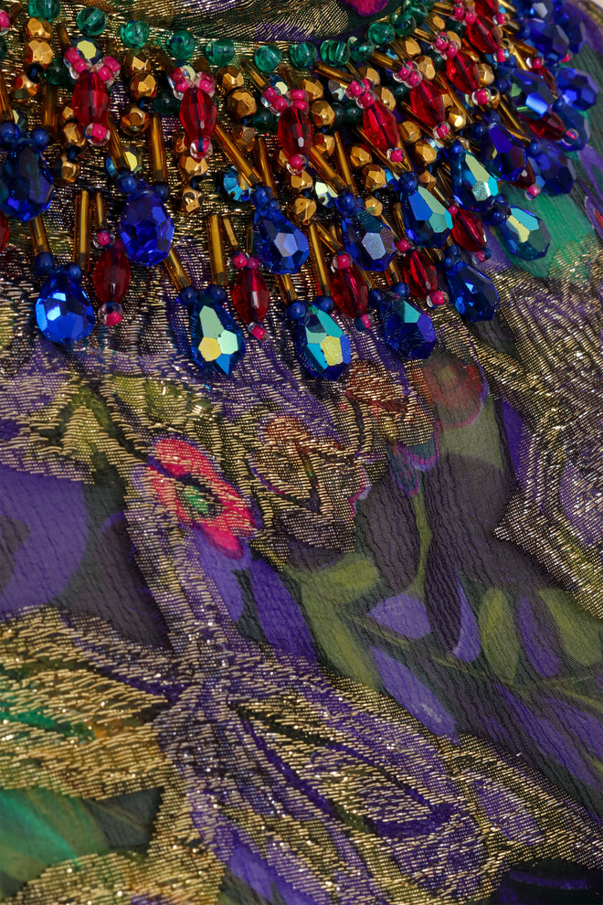 Floral Lamé Hostess Dress on mannequin beads close @ Recess LA