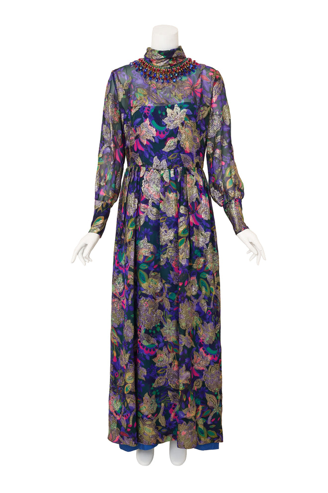 Floral Lamé Hostess Dress on mannequin @ Recess LA