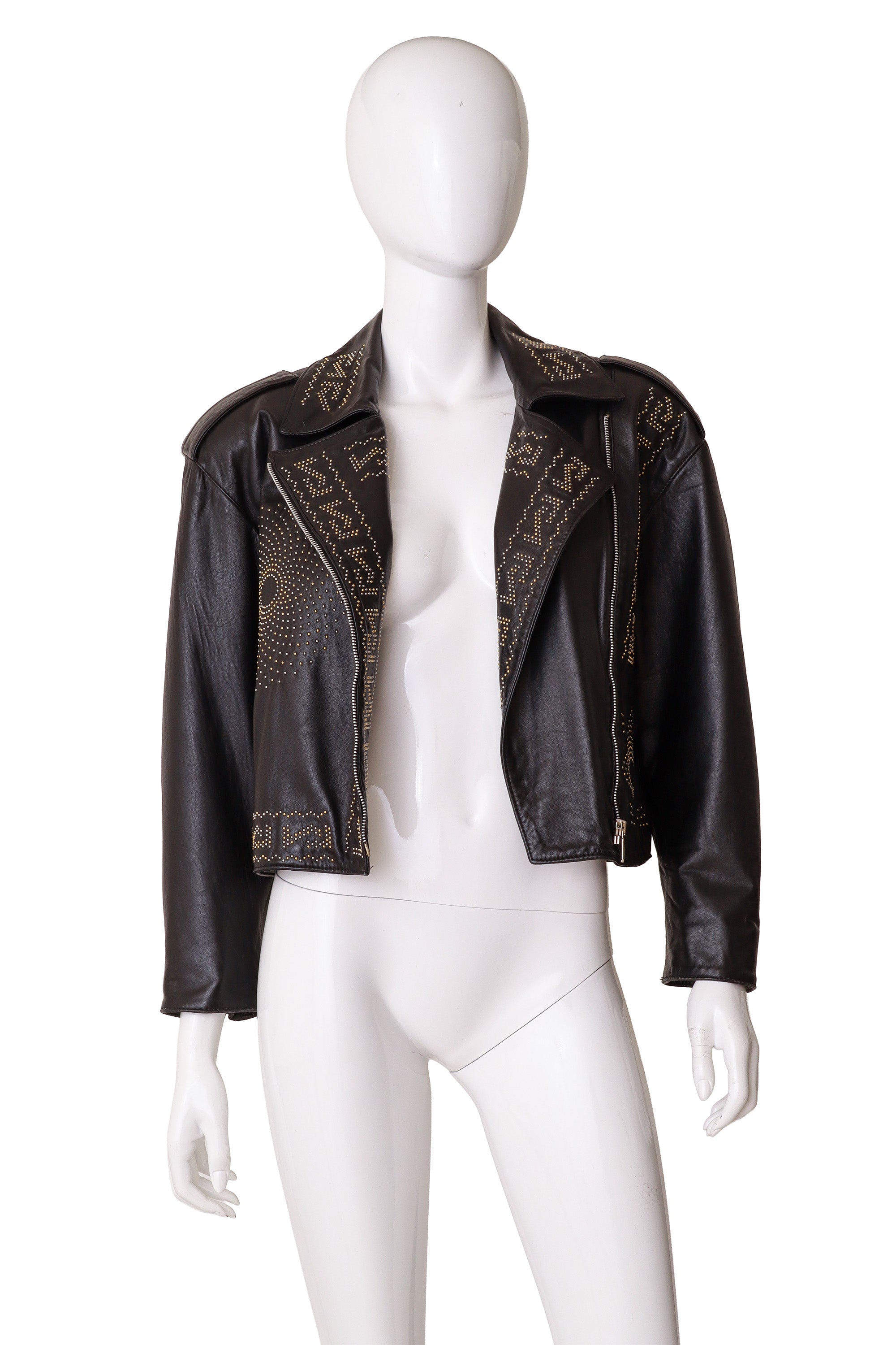 studded leather motorcycle jacket by Begedor on mannequin open @ Recess LA